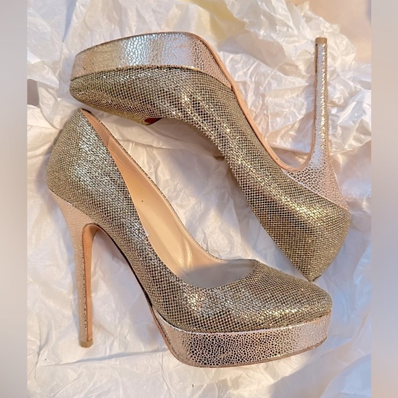 Jimmy Choo Gold Glitter Fabric And Embossed Leather Eros Platform Pump 38 - Picture 3 of 9